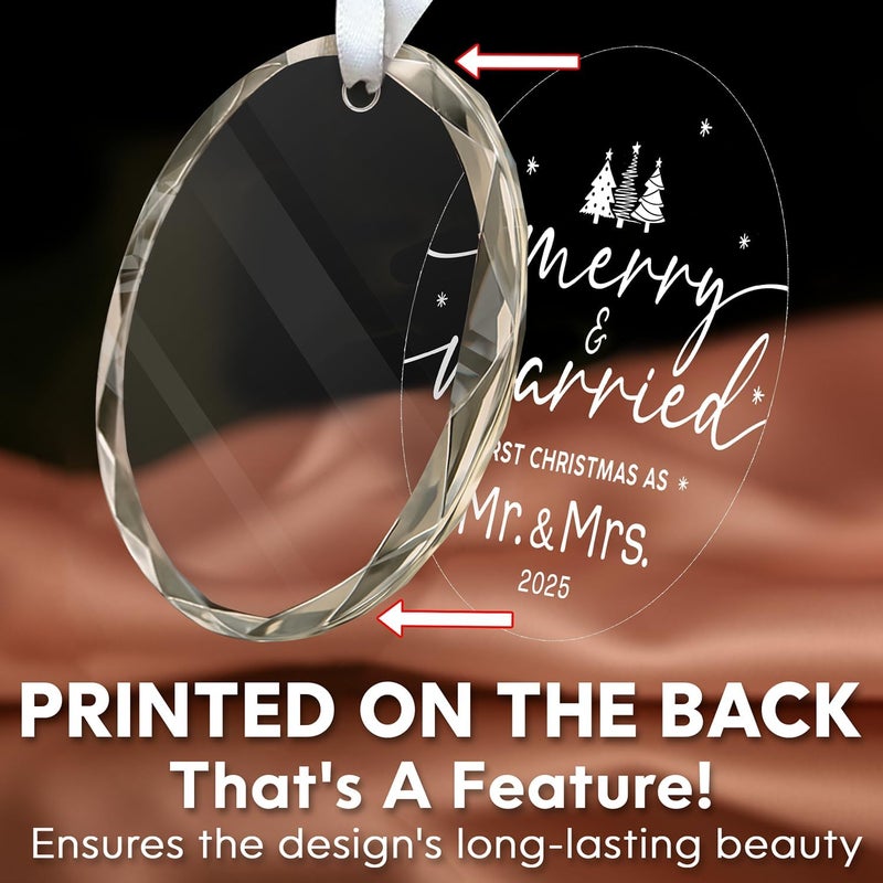 HEXMOZ Wedding Gifts for Couples 2025 - First Christmas Married Glass Ornament, Mr and Mrs Gifts, Wedding Ideas for Newly Wed, Just Married Couple, Bride - Bridal Shower Gift 1st Christmas Merry Decor - Image 2